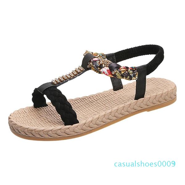 

crystal t-type printed sandal for woman flower elastic band peep toe flat with sandals shoes woman zapatos de mujer 2020 c03, Black