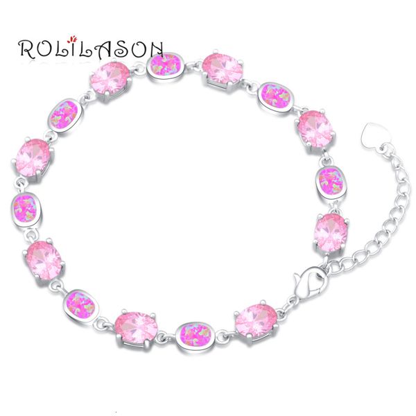

rolilason brand design anniversary pink fire opal silver stamped charm bracelets for women precious pulseras ob075, Golden;silver