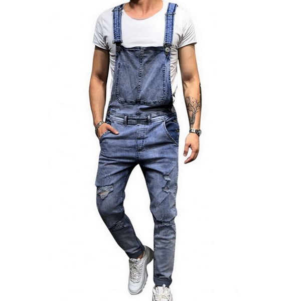

2019 новый мужской целом street casual комбинезон джинсы промытые hole карманный modis pantalon homme штаны рваные подтяжки, Black