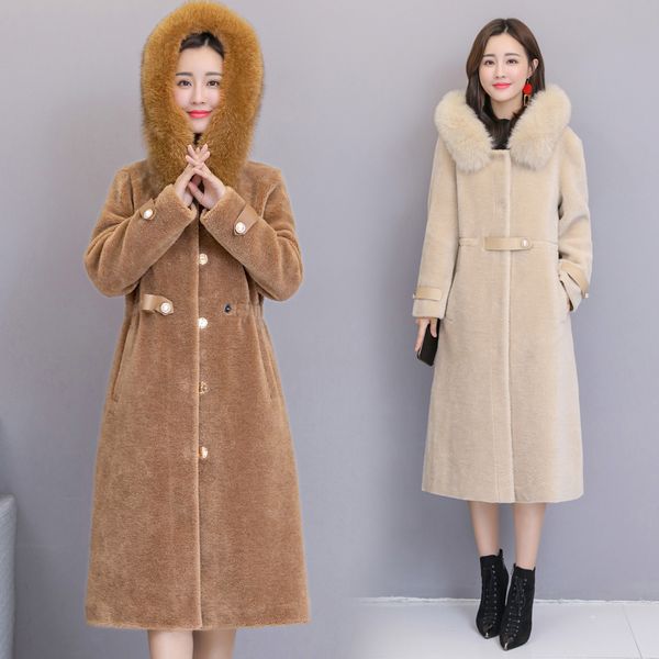 

hanzangl women's fur coats faux fur coat 2018 new winter sheep sheared coat collar ladies warm x-long wool outwear, Black