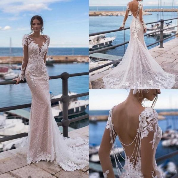 

2020 vintage beaded lace backless mermaid wedding dresses v neck applique backless bridal gowns sweep train long sleeve wedding dress, White