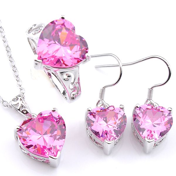

luckyshine mix 3pcs/lot valentine's day gift heart necklace earrings ring set cubic zirconia gems 925 women fashion wedding jewelry ne, Slivery;golden
