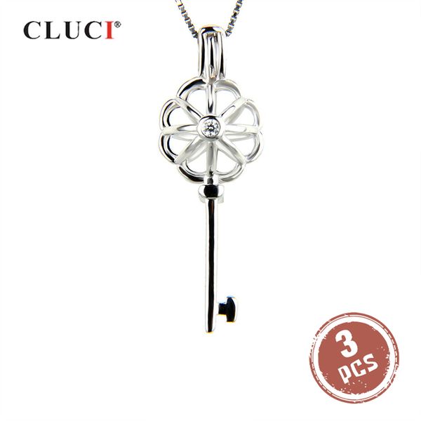

cluci 3pcs silver 925 flower pattern key shaped 925 sterling silver necklace cage pendant jewelry for women pearl locket