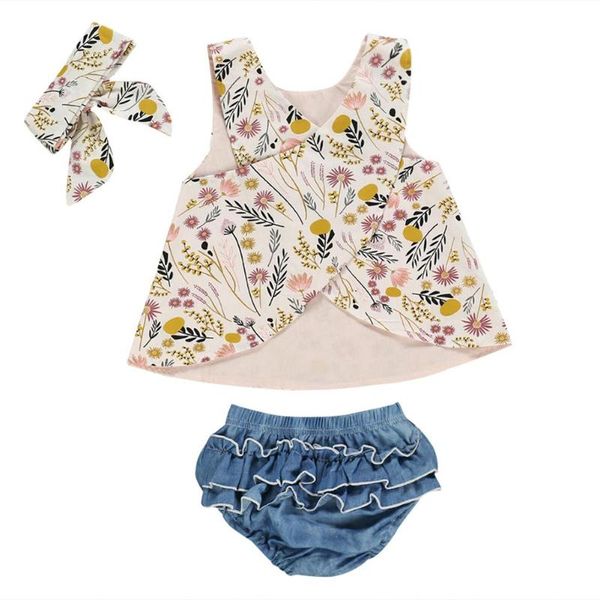 

3pcs/set toddler girl cute scarf suits summer thin section europe and america flowers print and triangle climb shorts, White