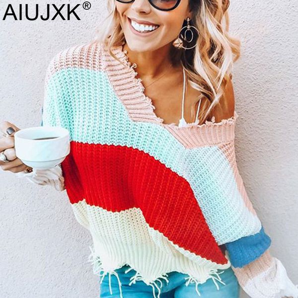 

aiujxk autumn winter 2019 v neck tassel pullover oversize knitted sweater women rainbow casual jumper female knitwear swaeaters, White;black
