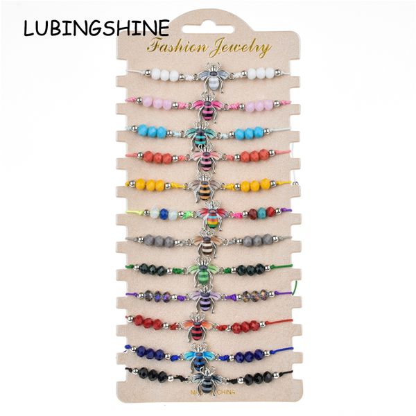 

bohemian 12pcs/sets braided bracelet for women child crystal bead enamel bee charms adjustable rope chain yoga anklet jewelry, Golden;silver