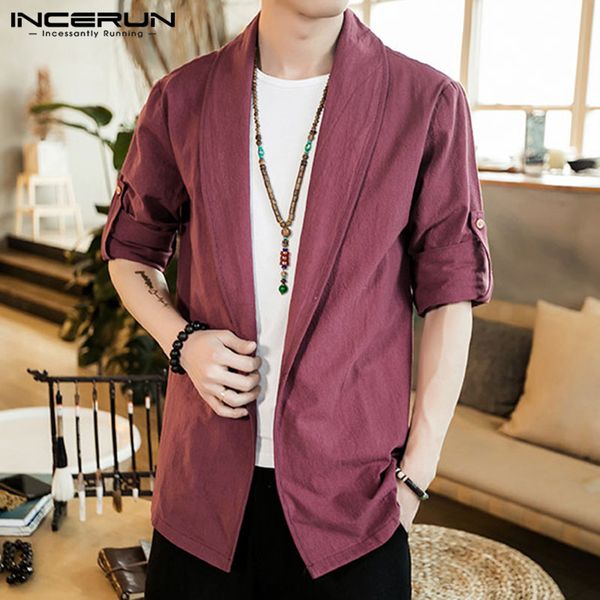 

incerun chinese style retro men outerwear casual solid cotton cardigan kimono lapel long sleeve streetwear trench coats 2019 3xl, Tan;black