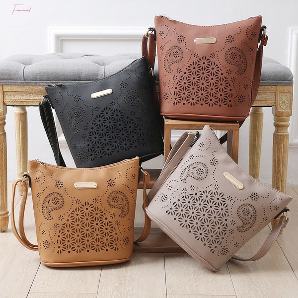 

women hollow out shoulder bag bucket bag ladies casual messenger bag soft pu leather crossbody bolsa feminina t2g