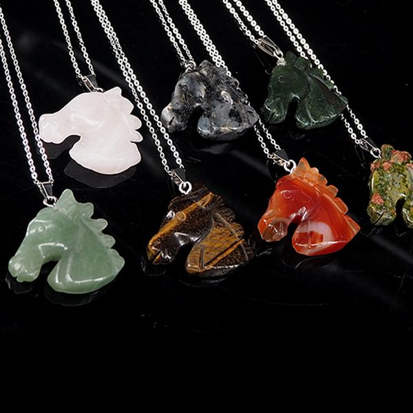 

multicolor horse head charm stone pendant necklace natural crystal agate semi-gemstone designer necklace men women jewelry friend gifts, Silver