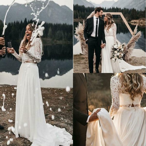 Discount Simple White Top Lace Cheap Country Two Pieces Beach Wedding Dresses 2019 Chiffon Low Back Bohemian Bridal Gowns Robe De Mariage Wedding