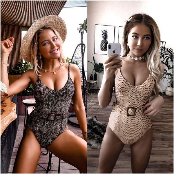 

2020 new european and american snake pattern split swimsuit women print v-neck lace up high waist designer luxury bikini 9378