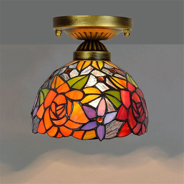 

8 inch red rose glass lamp tiffany style stained glass ceiling light living room balcony corridor small ceiling lamps tf068