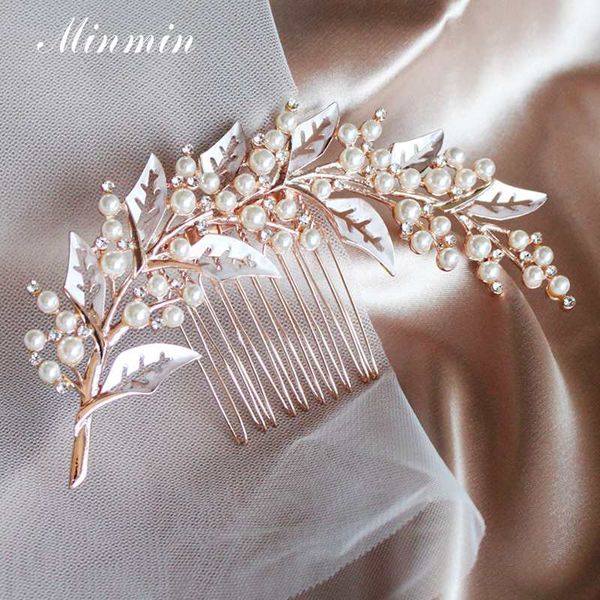 

minmin gorgeous elegant rosegold simulated pearl hair combs for women luxury wedding crystal hair accessories unique handmade bridal party, Golden;white