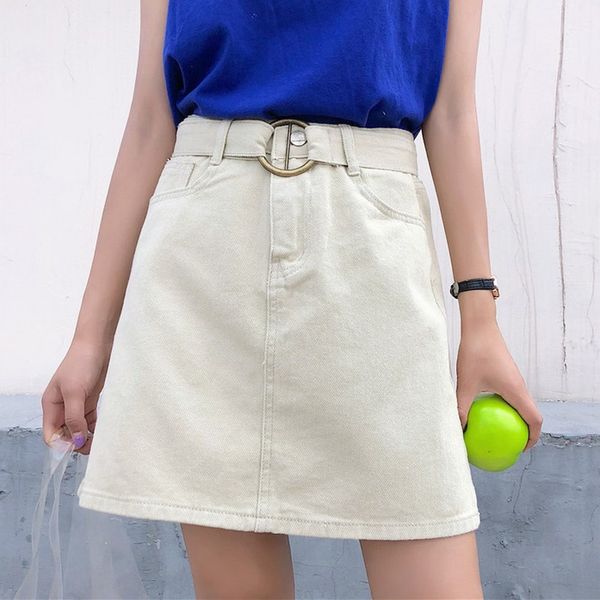 

women jeans skirt a-line belt casual harajuku denim jupe mujer candy color summer college wind high waist black red khaki skirts