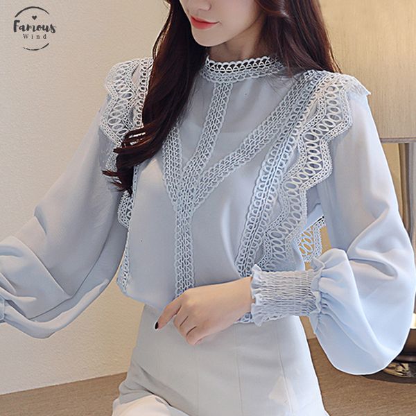 

blusas de moda white hollow lace блуза с длинным рукавом женщин топы и блузки женщины рубашка 1448 стенд воротник mujer 45