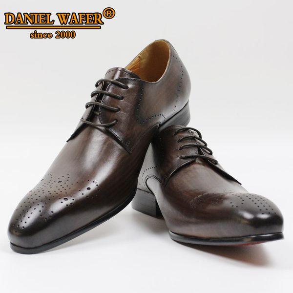 

men genuine leather derby shoes office business wedding lace up pointed toe coffee black shoes brogue men formal leather