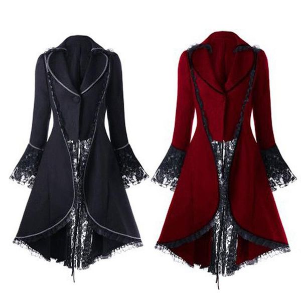 

women's retro long-sleeved wind coat costume waist slimming lace piecing coat vintage tuxedo banquet stage play jacket wholesale, Tan;black