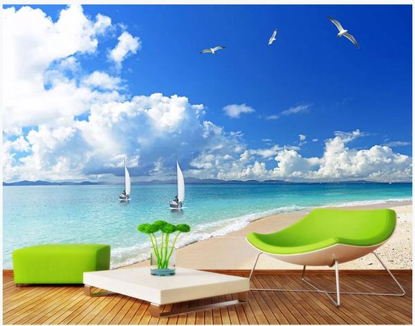 Customized 3D Wandtapete Foto Tapeten Strandlandschaft blaue Himmel weiße Wolken am Meer TV Hintergrund Wanddekor Tapete für Wände 3d