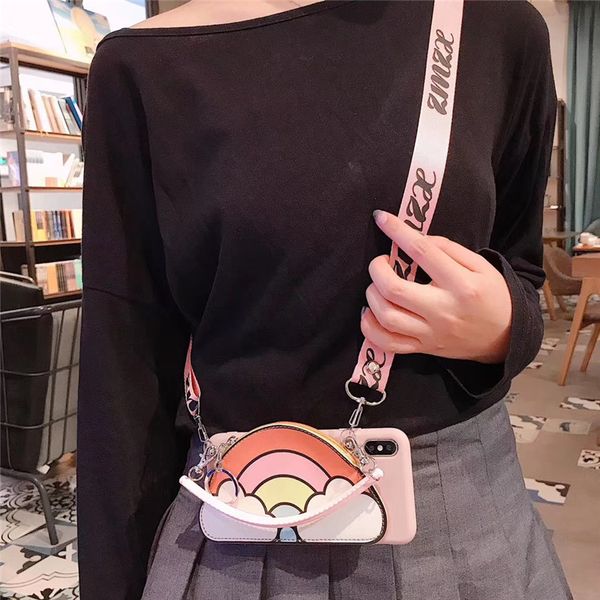 

one piece phone case for iphone xs max xr 6plus 7 8p fashion beautiful rainbow wallet designer phone case back cover with lanyard