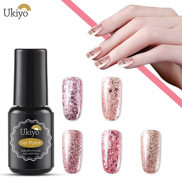 

ukiyo 8ml rose gold glitter nail polish soak off shining bling nail gel polish art manicure lacquer hybrid gel varnish