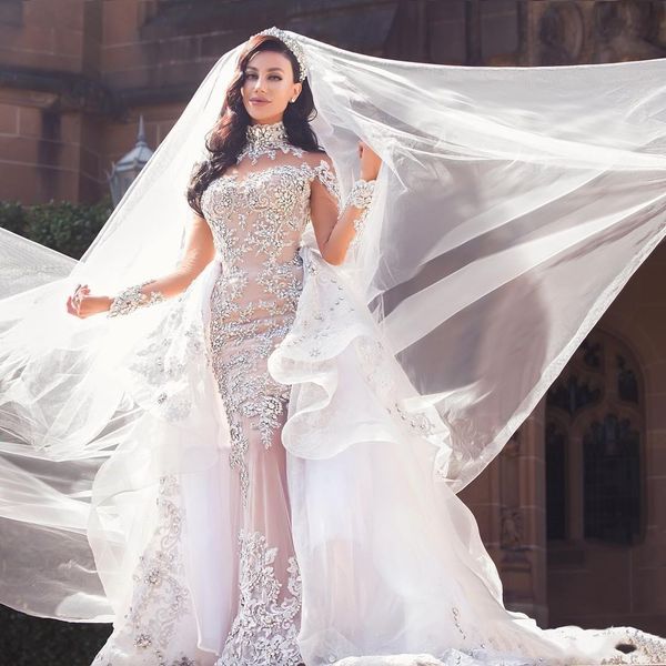 

luxurious rhinestone crystal wedding dresses high neck beads applique long sleeves mermaid bridal dress designer dubai wedding wear, White