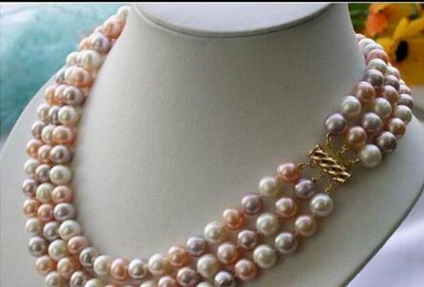 

necklace +++3row 10mm multicolor round freshwater pearl necklace, Silver