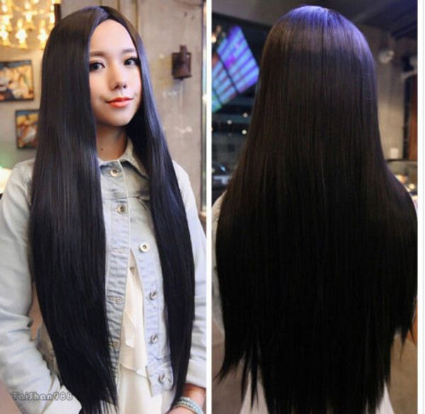

sell long black straight parted bangs women lady cosplay hair wig wigs + cap