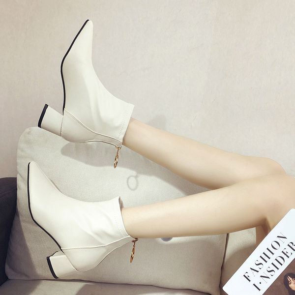 

fashion solid med boots women pointed toe square heel boots ankle zipper winter ladies shoes, Black