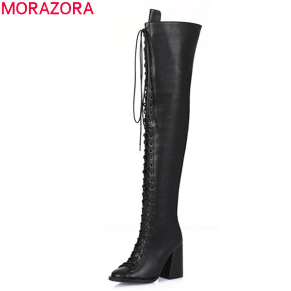 

morazora 2020 новое прибытие над коленом сапоги толстые высокие каблуки круглый носок зашнуровать женская обувь искусственная кожа черный цв, Black