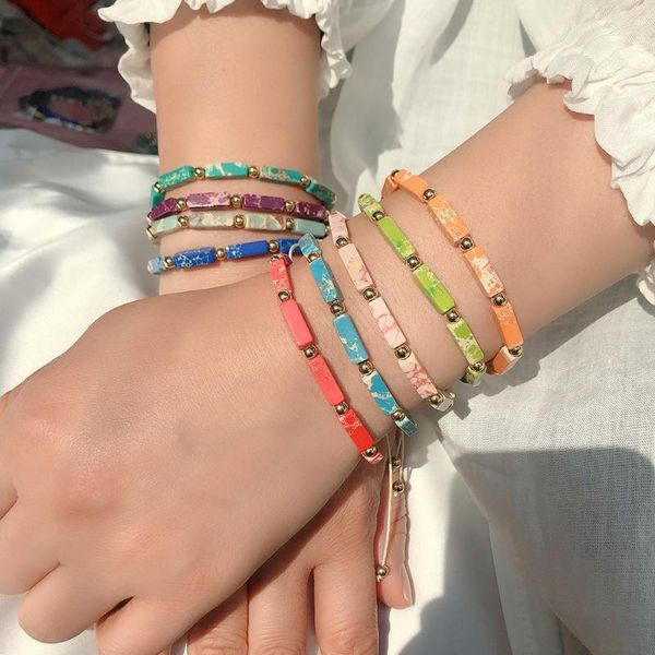 

natural stone strand bracelet adjustable multicolor chakra imperial jaspers turquoises rectangle bar charm beaded bracelets, Black