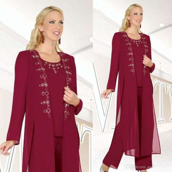 

chiffon three pieces mother of the bride pant suits with long sleeves sequins mother formal occasion wear evening wedding party gown, Black;red