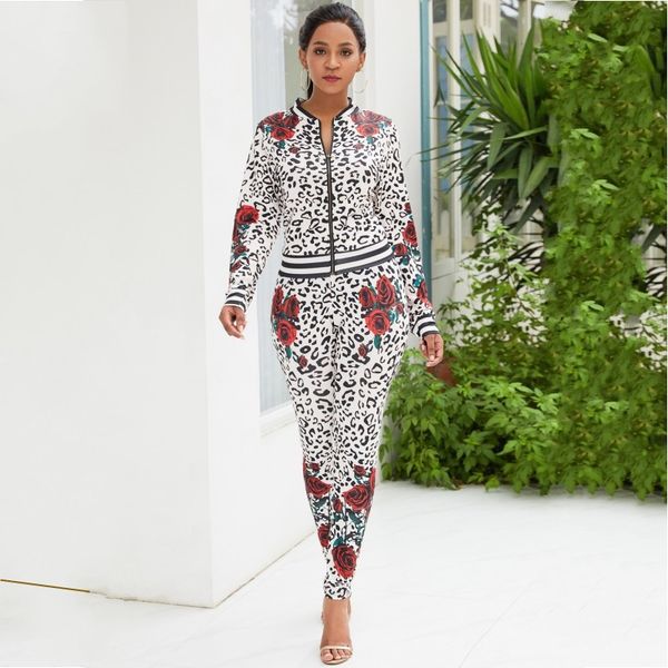 

2020 women sets autumn street full sleeve print bodysuit & pants suit two piece set casual fashion tracksuit outfit, White