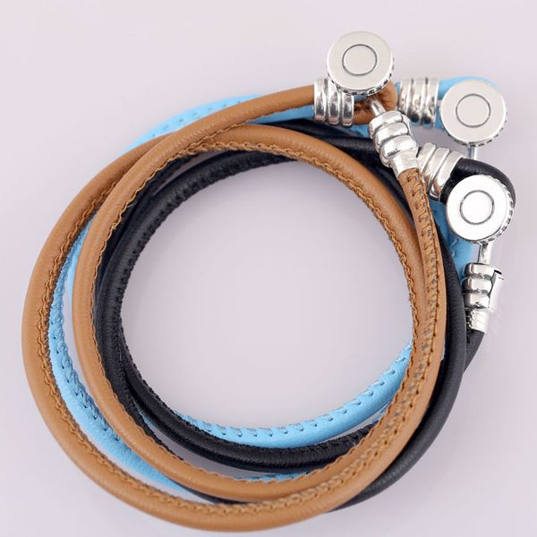 

original multicolor double leather with button clasp bracelet bangle fit 925 sterling silver bead charm diy europe jewelry, Golden;silver