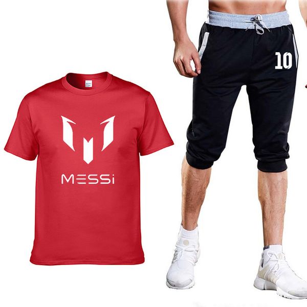 

men's suit for messi printed crew neck short sleeve summer cotton mens t-shirt casual fashion light t-shirt+pants suit 2pcs h