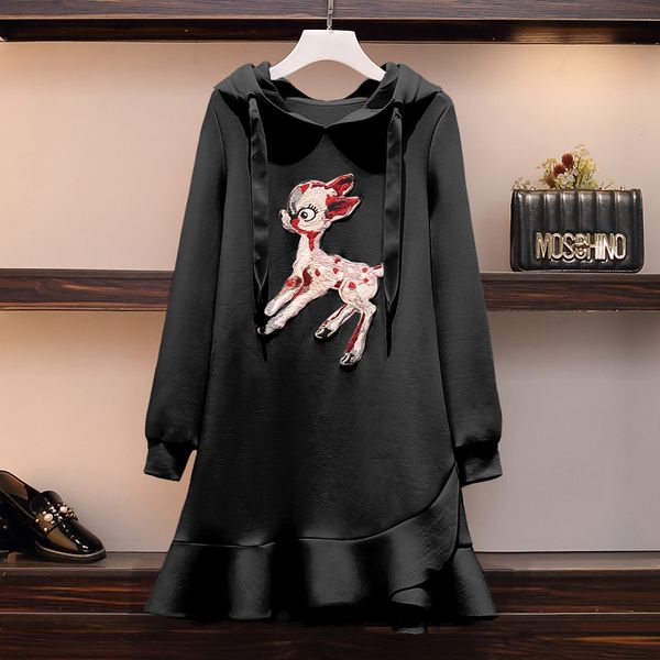 

xxxl плюс размер женщин с капюшоном платье осени 2019 смазливая мультфильм животных вышивки патч с длинным рукавом толстовка платья ruffle, Black;gray
