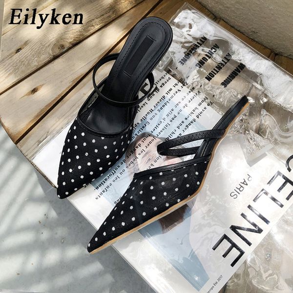 

eilyken 2020 summer mesh pointed head crystal med heels lace slippers lady slip on mules leisure slides sandals, Black