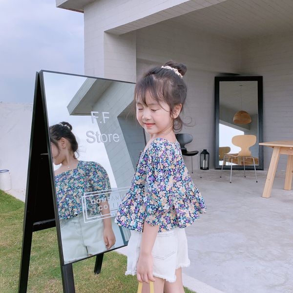 

summer 2020 girl floral small and medium-sized children's square collar princess sweet shirt short-sleeved shirt, White;black