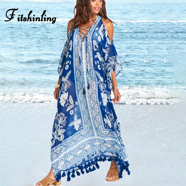 

fitshinling open shoulder fringe long dress female 2019 print chiffon maxi dresses women lace up pareo large size dress swimwear, Black;gray