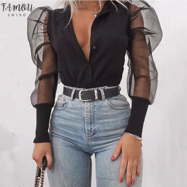 

womens clothing meihuida womens v neck blouses tulle long puff sleeve shirt solid all matching office puff sleeve lady elegant, White