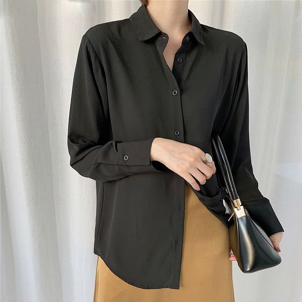 

spring autumn office ladies chiffon shirts all-match loose single-breasted turn-down collar women shirts blouses, White