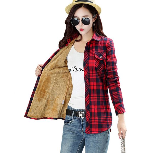 

women winter keep warm cotton plaid blouse fashion long sleeve turn-down collar pocket velvet shirt blusas feminina, White