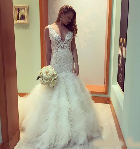 

amazing mermaid lace wedding dresses deep v neck tiered bridal gowns sweep train tulle custom made vestidos de nnovia, White