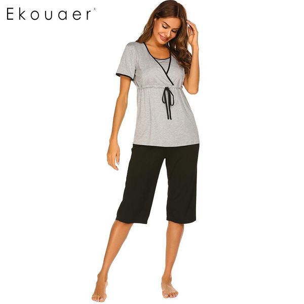 

ekouaer women summer sleepwear casual pajamas short sleeve t-shirts half length pants loose breastfeeding maternity pajama sets, Blue;gray