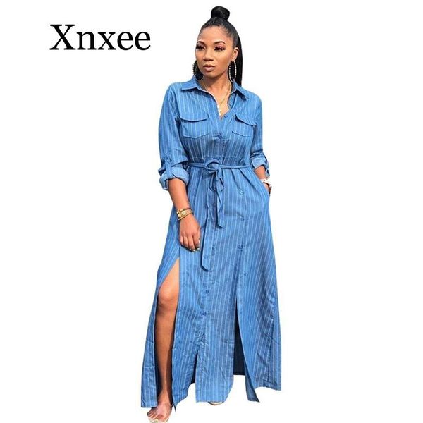 

summer autumn women long denim maxi dress long sleeve striped casual denim jeans dress ladies pockets button split party, Black;gray