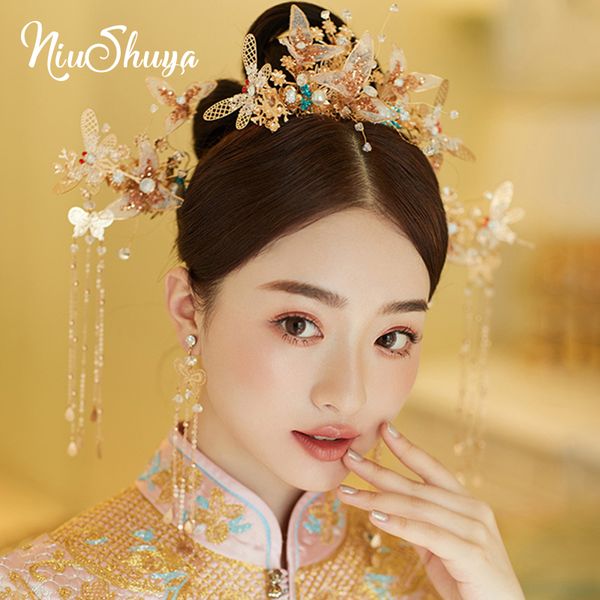

niushuya chinese bride's antique headdress chinese national draggonfly comb hairpins hair jewelry wedding hair accessories, Golden;white