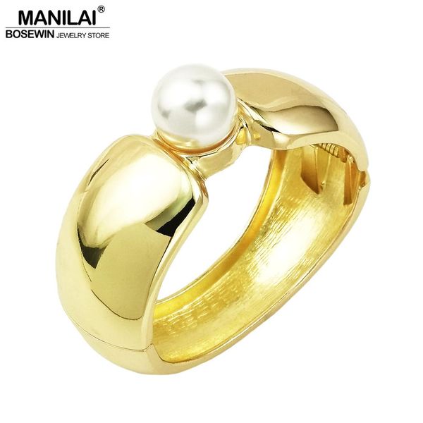 

manilai inferior gold color alloy punk cuff bracelets women imitation pearl geometric statement big bangles bracelets jewelry, Black