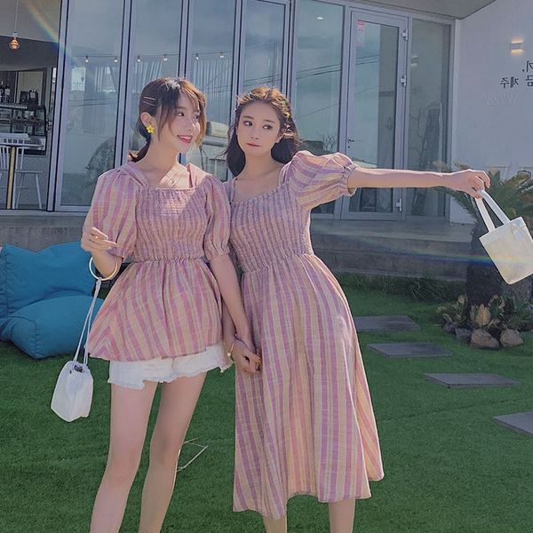 

p shoot ins platycodon grandiflorum first love sweet light purple stripes puff sleeve french square collar pleated corset a, Black;gray