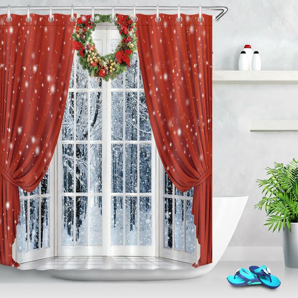 2019 Christmas Wreath Balcony Red Curtains Durable Fabric Mold