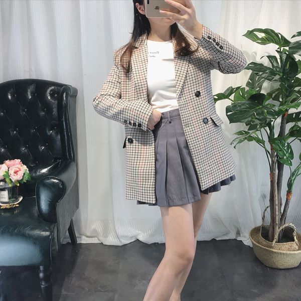 

2019 autumn and winter new style buckle plaid blazer, Black