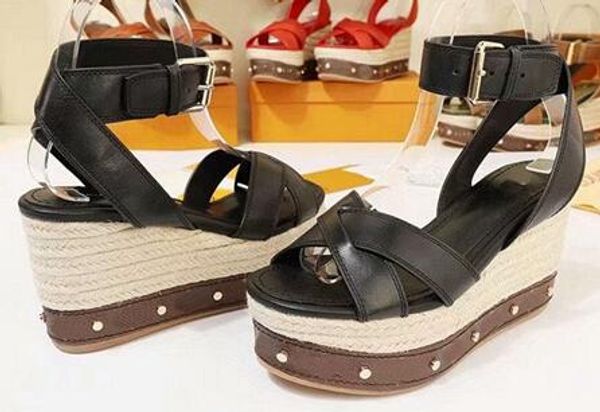 

5a 3129340 10cm heel 6cm platform timelapse wedge sandal shoes,calf leather and patent momogram canvas,size 34-41,dhl ing, Black